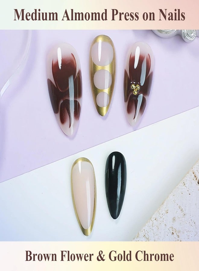 MISUD Press on Nails - Medium Almond Glue on Nails with Fall Brown, Acrylic Gold Chrome Design 24 pcs - Image 4